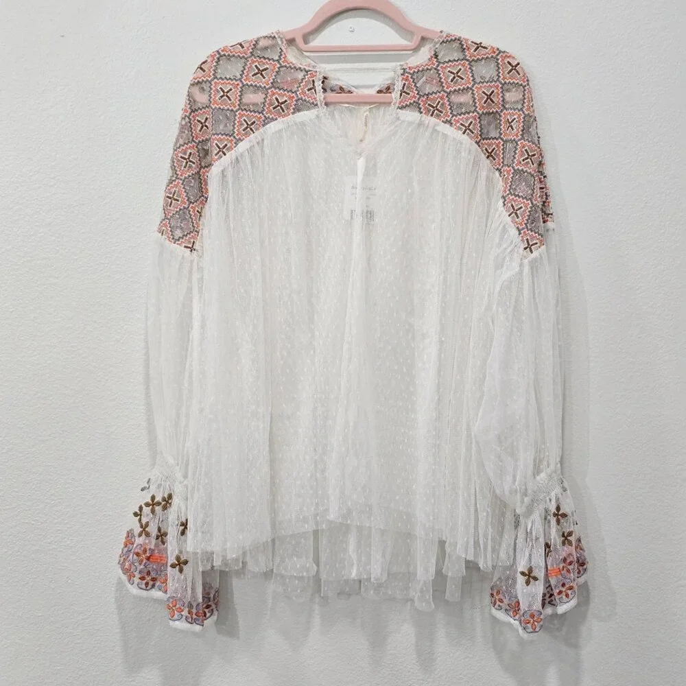 Free People ✦ Boho Tunic Top ✦ Ivory Combo Swiss Dot Embroidered Sheer XS NWT - Picture 8 of 13